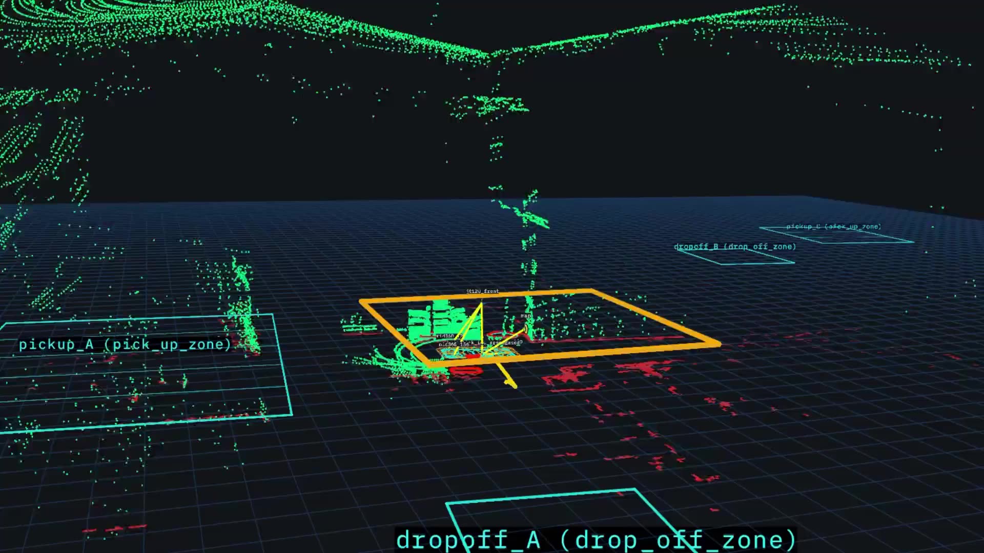 Pick-up and drop-off zones laid over a plant point cloud, seen remotely